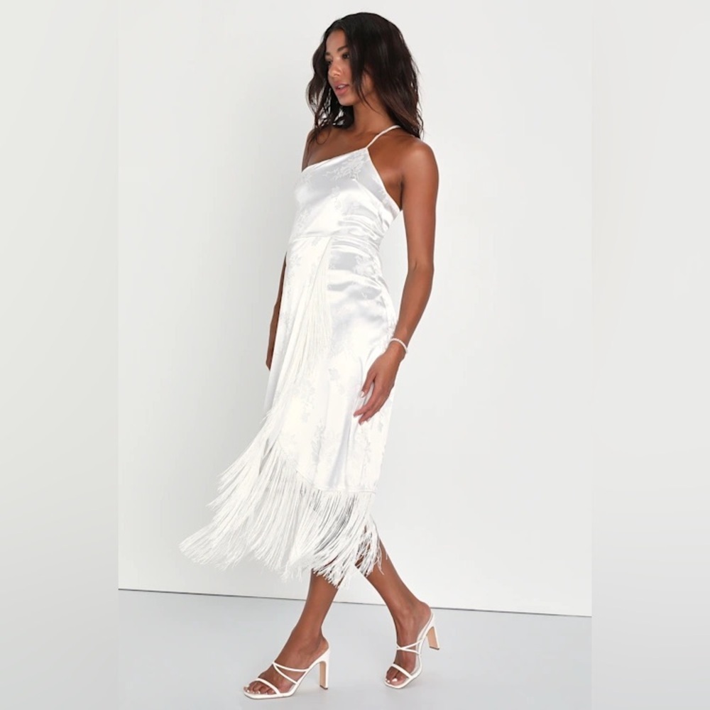 NEW Lulus Small On‎ the Dancefloor White Jacquard Fringe One-Shoulder Midi Dress - Picture 6 of 14